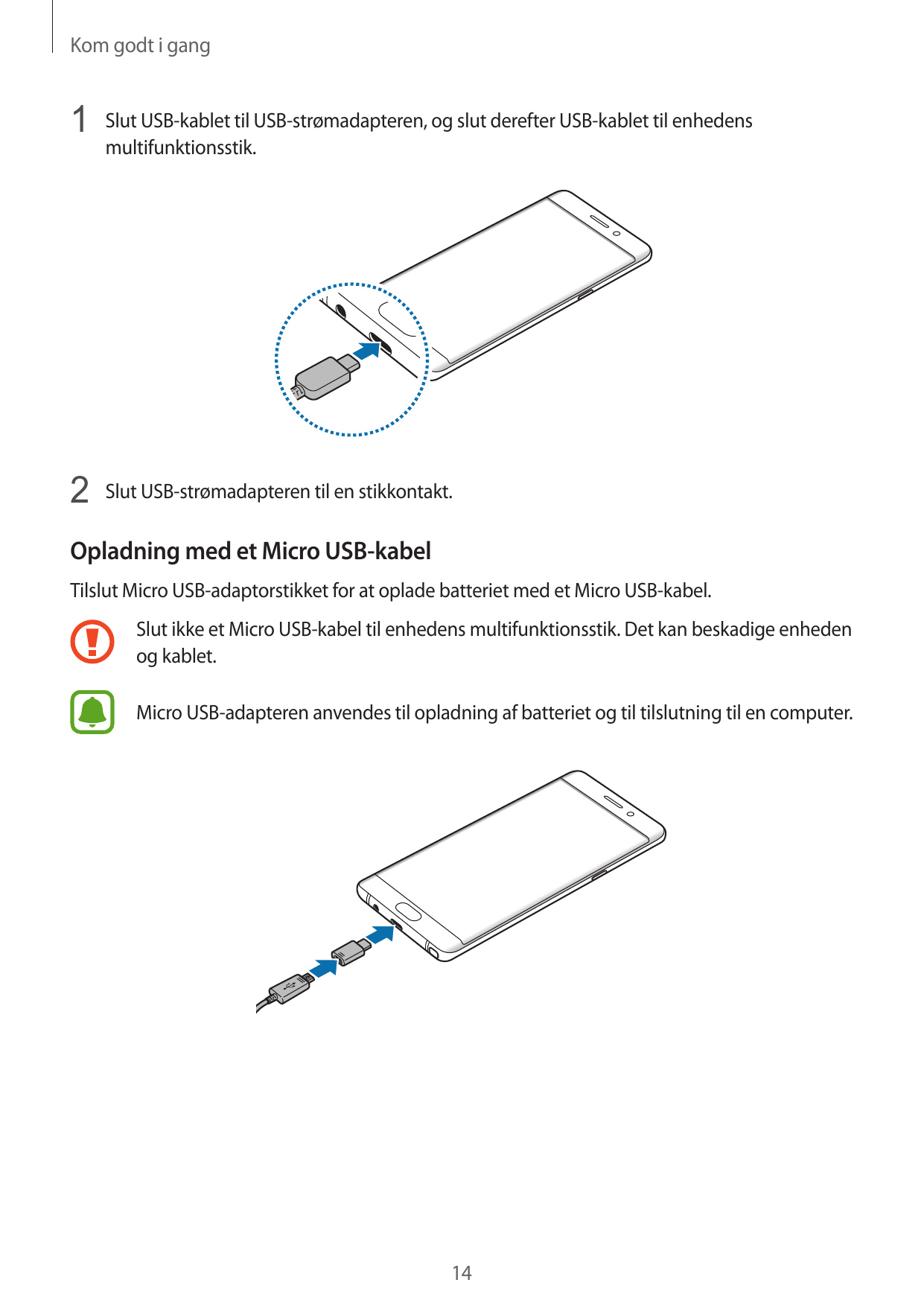 Kom godt i gang1 Slut USB-kablet til USB-strømadapteren, og slut derefter USB-kablet til enhedensmultifunktionsstik.2 Slut USB-s