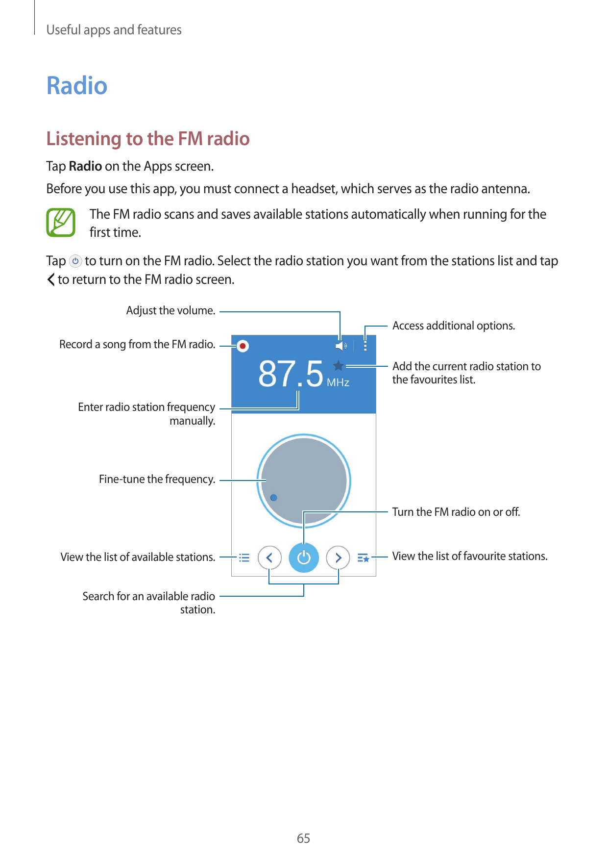Useful apps and featuresRadioListening to the FM radioTap Radio on the Apps screen.Before you use this app, you must connect a h