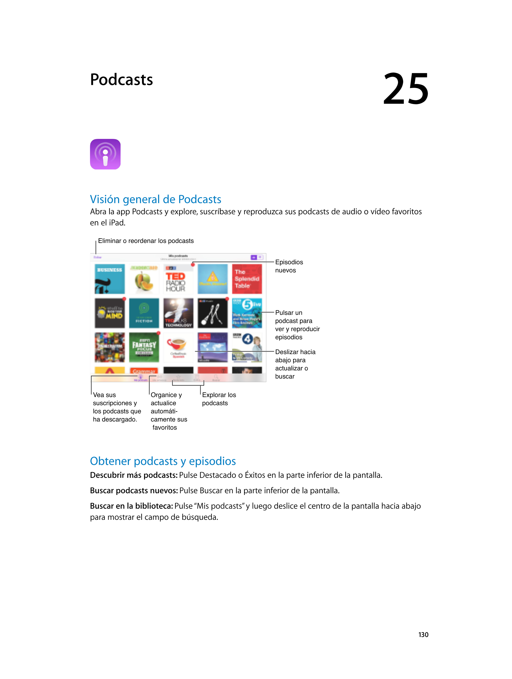  Podcasts 25  
Visión general de Podcasts
Abra la app Podcasts y explore, suscríbase y reproduzca sus podcasts de audio o vídeo 