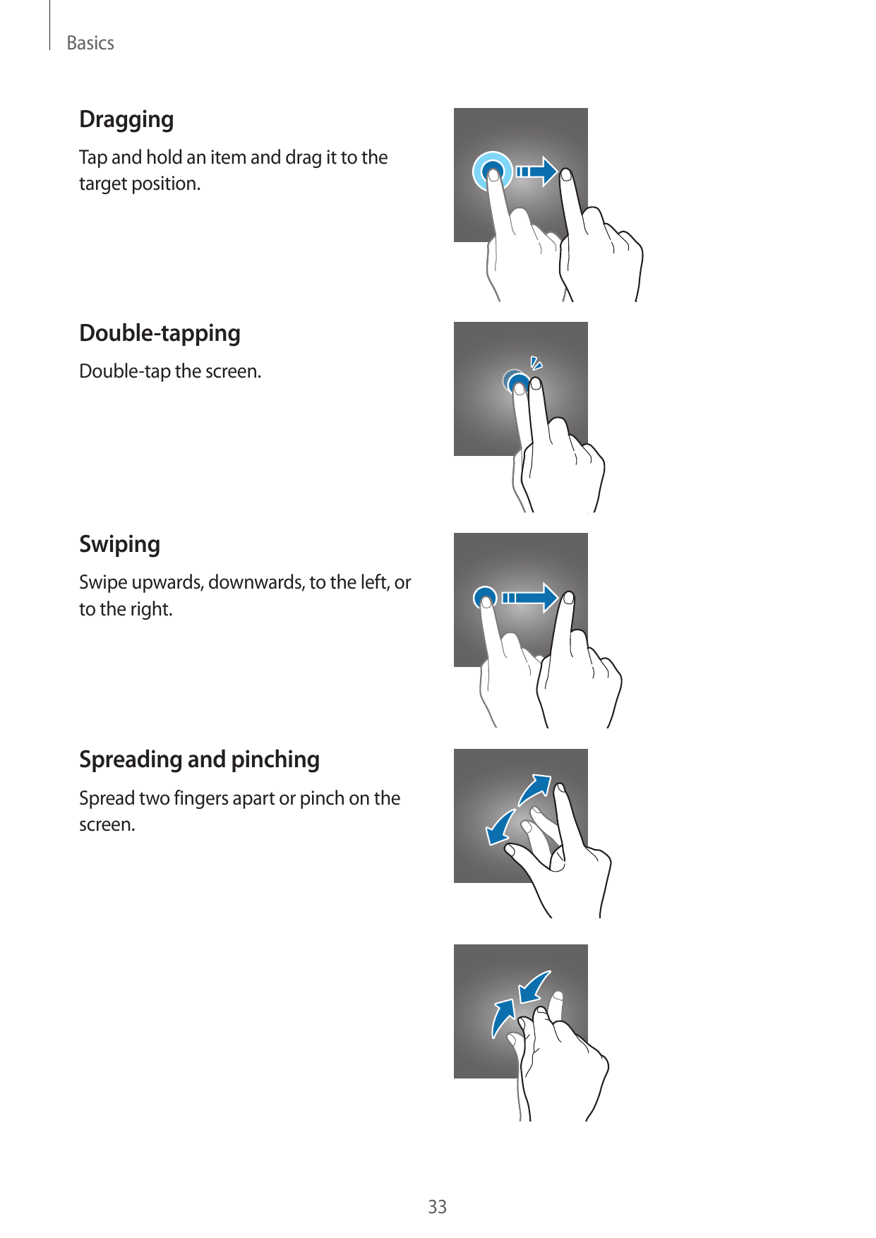 BasicsDraggingTap and hold an item and drag it to thetarget position.Double-tappingDouble-tap the screen.SwipingSwipe upwards, d