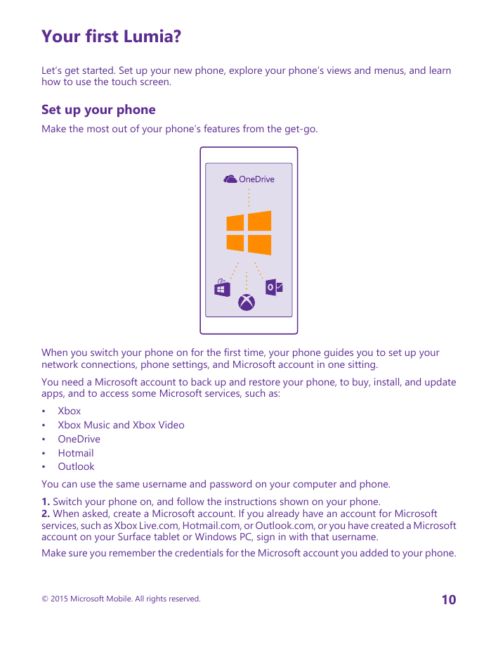 Your first Lumia?Let’s get started. Set up your new phone, explore your phone’s views and menus, and learnhow to use the touch s