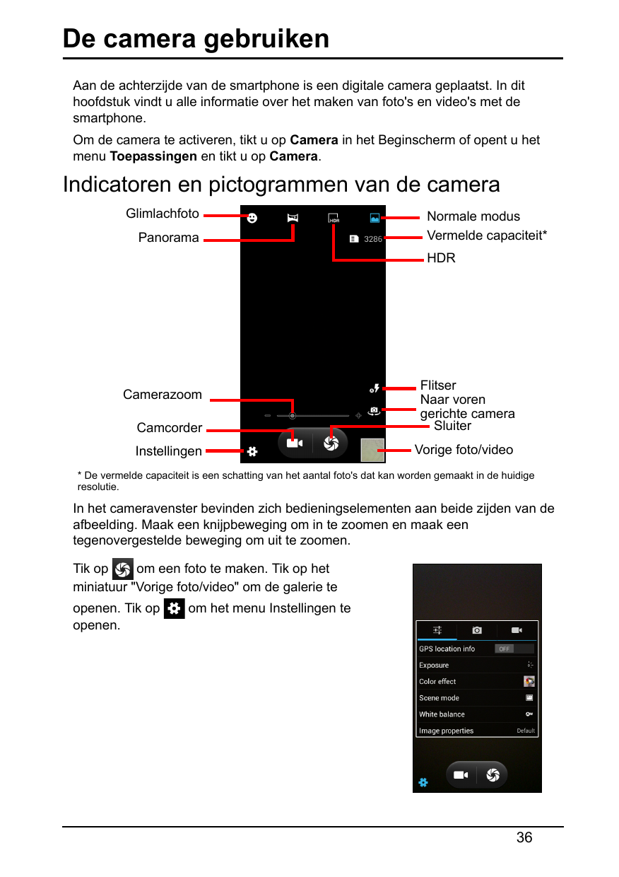 De camera gebruikenAan de achterzijde van de smartphone is een digitale camera geplaatst. In dithoofdstuk vindt u alle informati