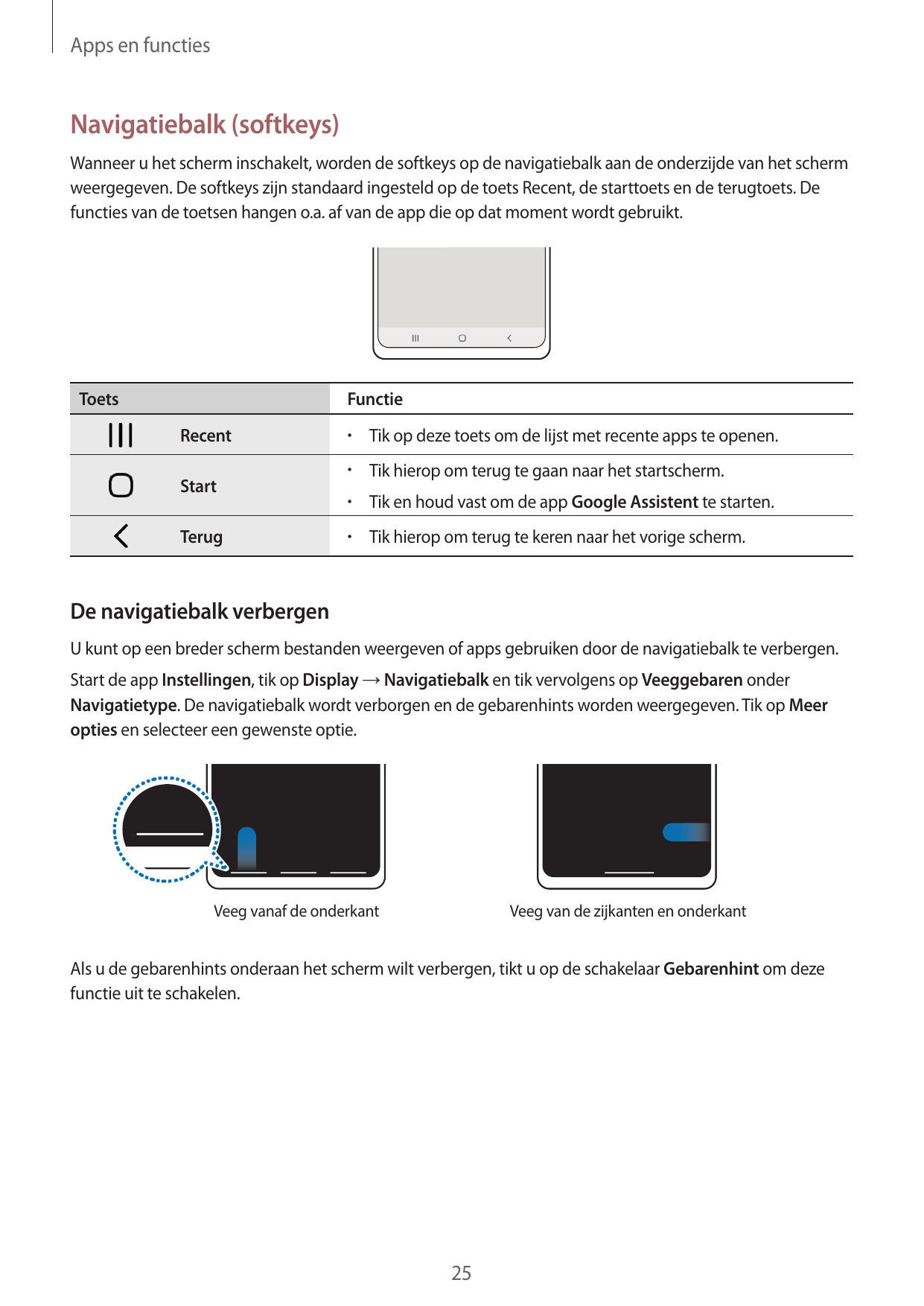 Apps en functiesNavigatiebalk (softkeys)Wanneer u het scherm inschakelt, worden de softkeys op de navigatiebalk aan de onderzijd