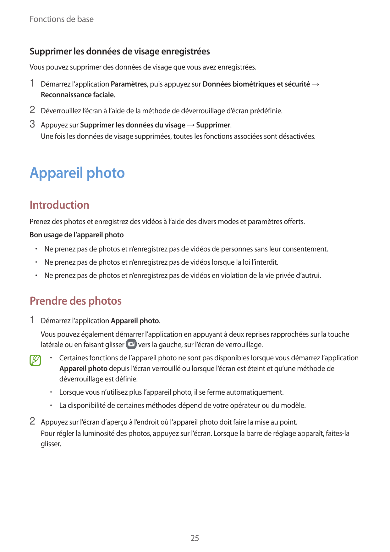 Fonctions de baseSupprimer les données de visage enregistréesVous pouvez supprimer des données de visage que vous avez enregistr