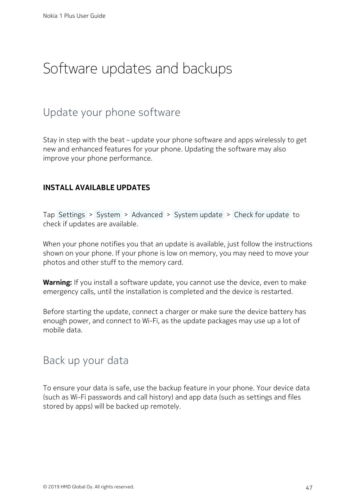 Nokia 1 Plus User GuideSoftware updates and backupsUpdate your phone softwareStay in step with the beat – update your phone soft