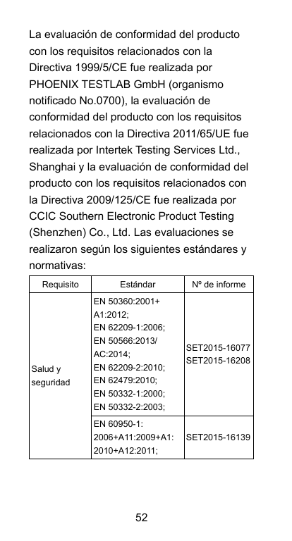 La evaluación de conformidad del productocon los requisitos relacionados con laDirectiva 1999/5/CE fue realizada porPHOENIX TEST