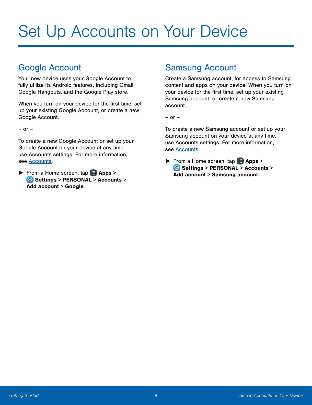 Set Up Accounts on Your DeviceGoogle AccountSamsung AccountYour new device uses your Google Account tofully utilize its Android 