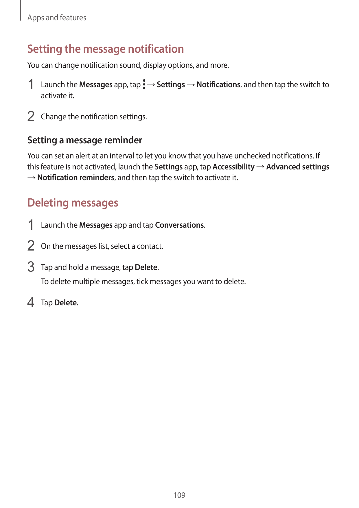 Apps and featuresSetting the message notificationYou can change notification sound, display options, and more.1 Launch the Messa