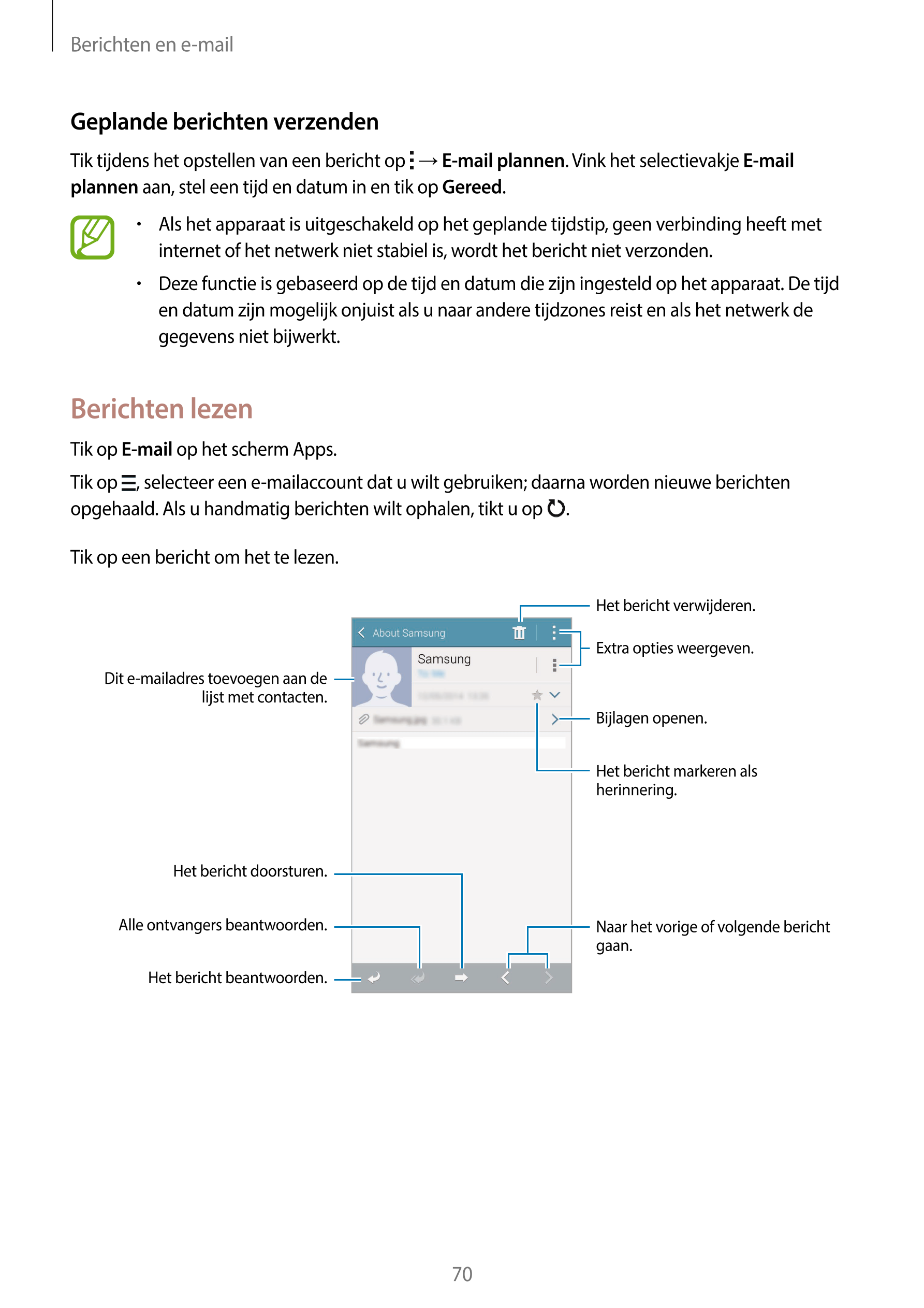 Berichten en e-mail
Geplande berichten verzenden
Tik tijdens het opstellen van een bericht op    →  E-mail plannen. Vink het sel