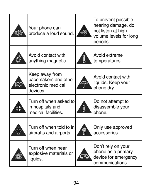 Your phone canproduce a loud sound.To prevent possiblehearing damage, donot listen at highvolume levels for longperiods.Avoid co