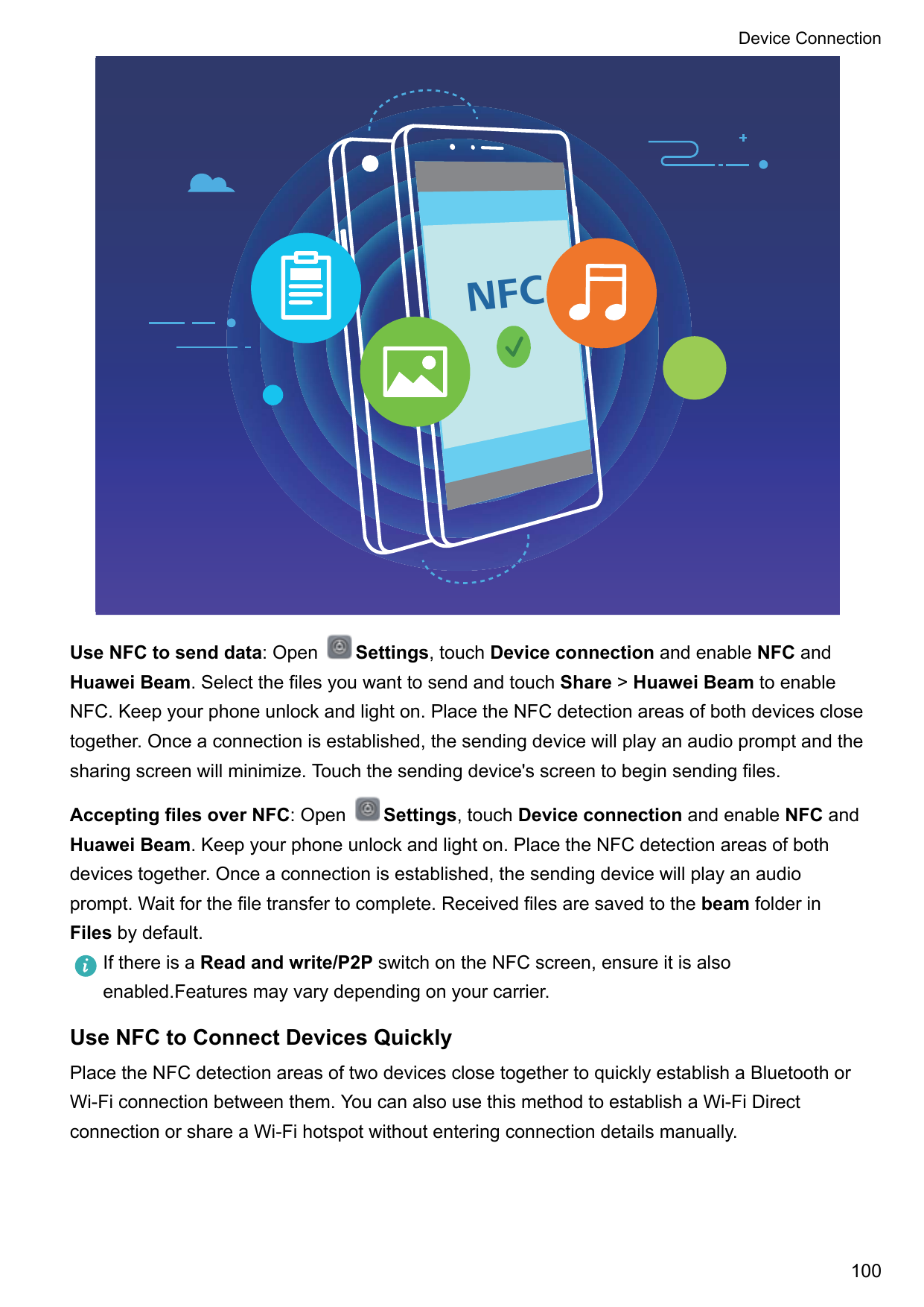 Device ConnectionNFCUse NFC to send data: OpenSettings, touch Device connection and enable NFC andHuawei Beam. Select the files 