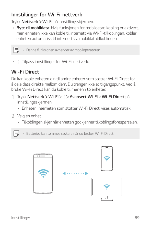 Innstillinger for Wi-Fi-nettverkTrykk Nettverk Wi-Fi på innstillingsskjermen.• Bytt til mobildata: Hvis funksjonen for mobildata