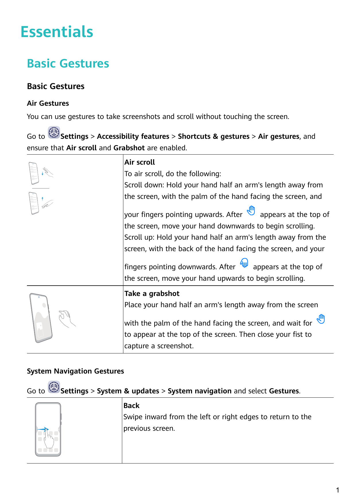 EssentialsBasic GesturesBasic GesturesAir GesturesYou can use gestures to take screenshots and scroll without touching the scree