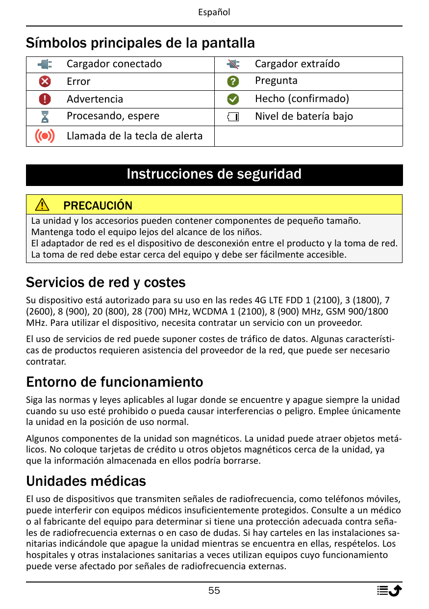 EspañolSímbolos principales de la pantallaCargador conectadoCargador extraídoPreguntaErrorHecho (confirmado)AdvertenciaProcesand