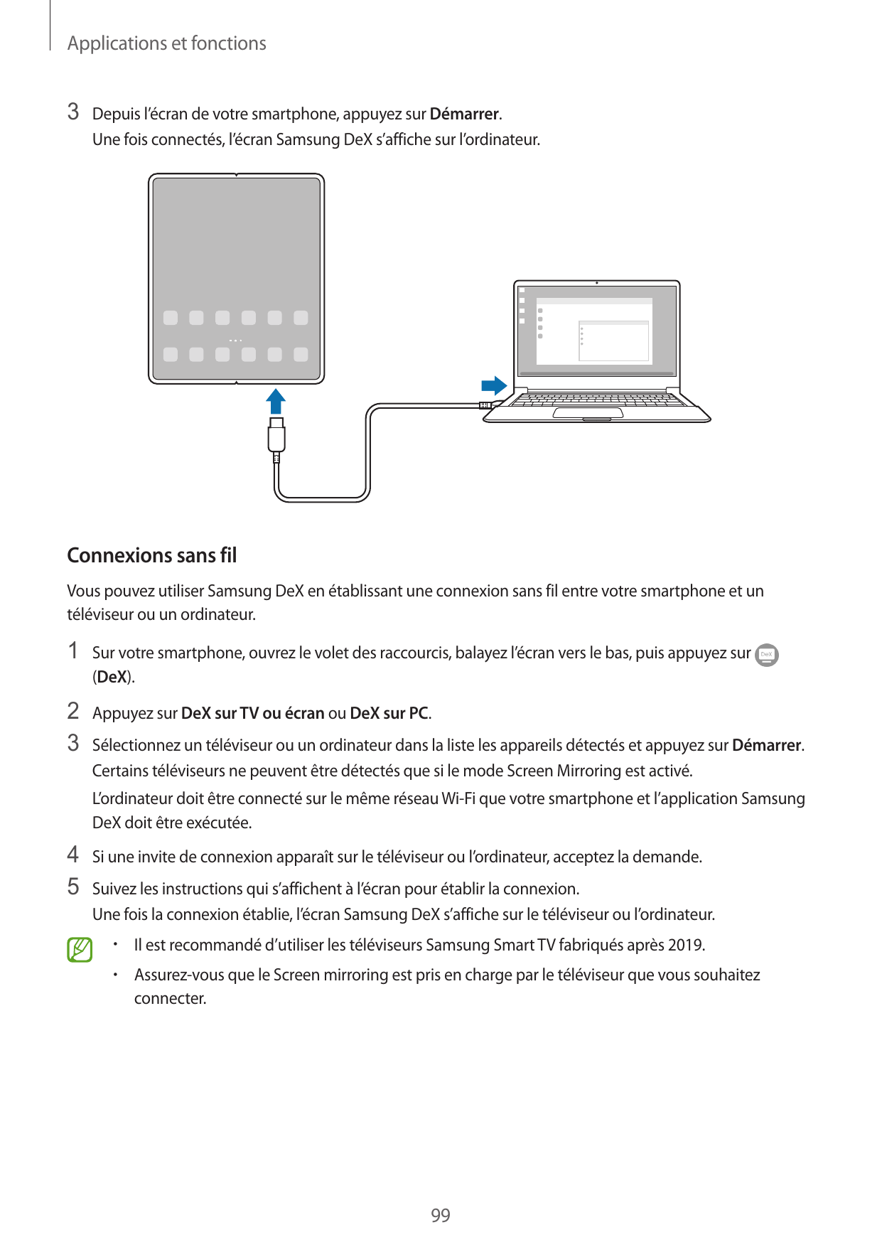 Applications et fonctions3 Depuis l’écran de votre smartphone, appuyez sur Démarrer.Une fois connectés, l’écran Samsung DeX s’af