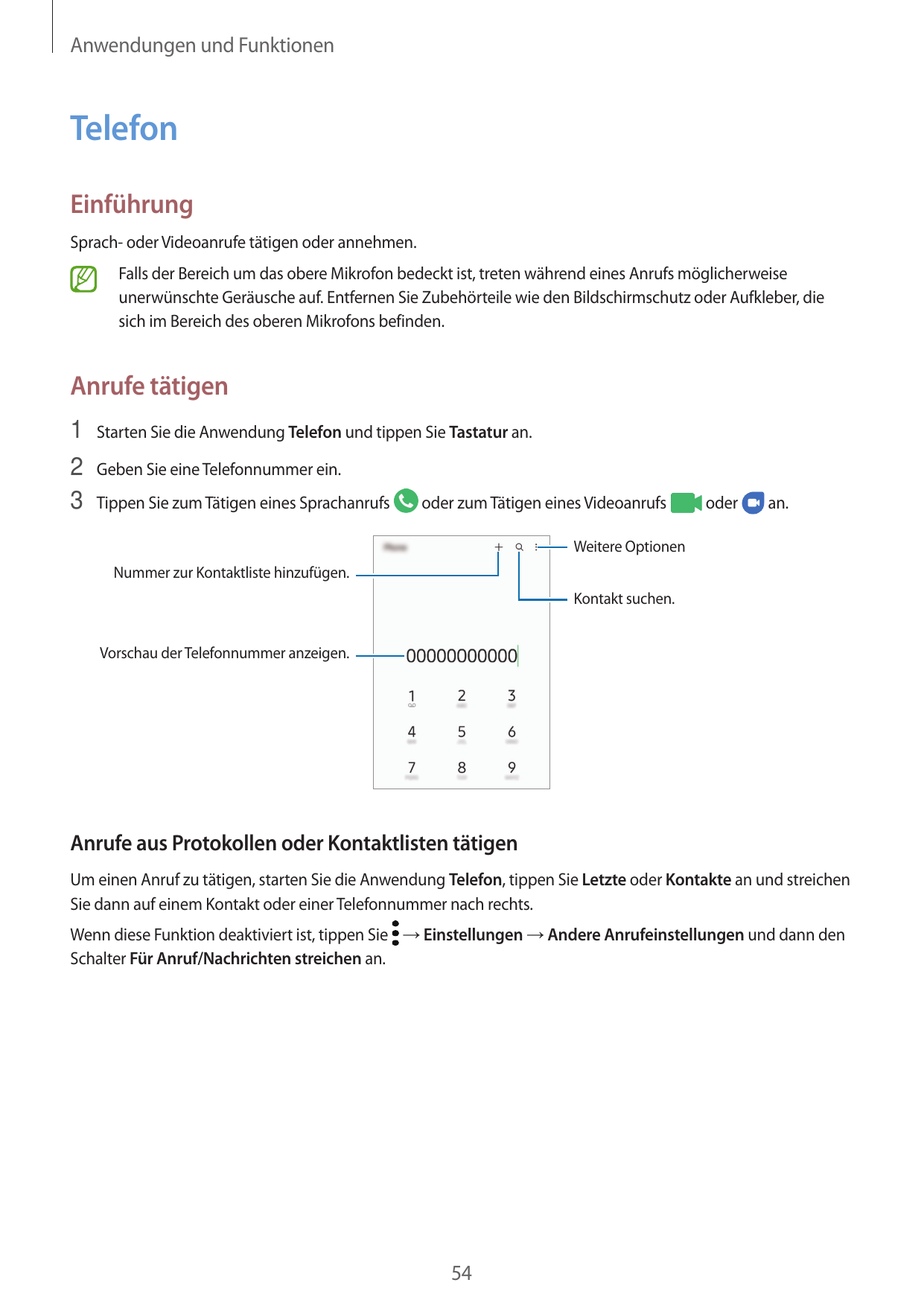 Anwendungen und FunktionenTelefonEinführungSprach- oder Videoanrufe tätigen oder annehmen.Falls der Bereich um das obere Mikrofo