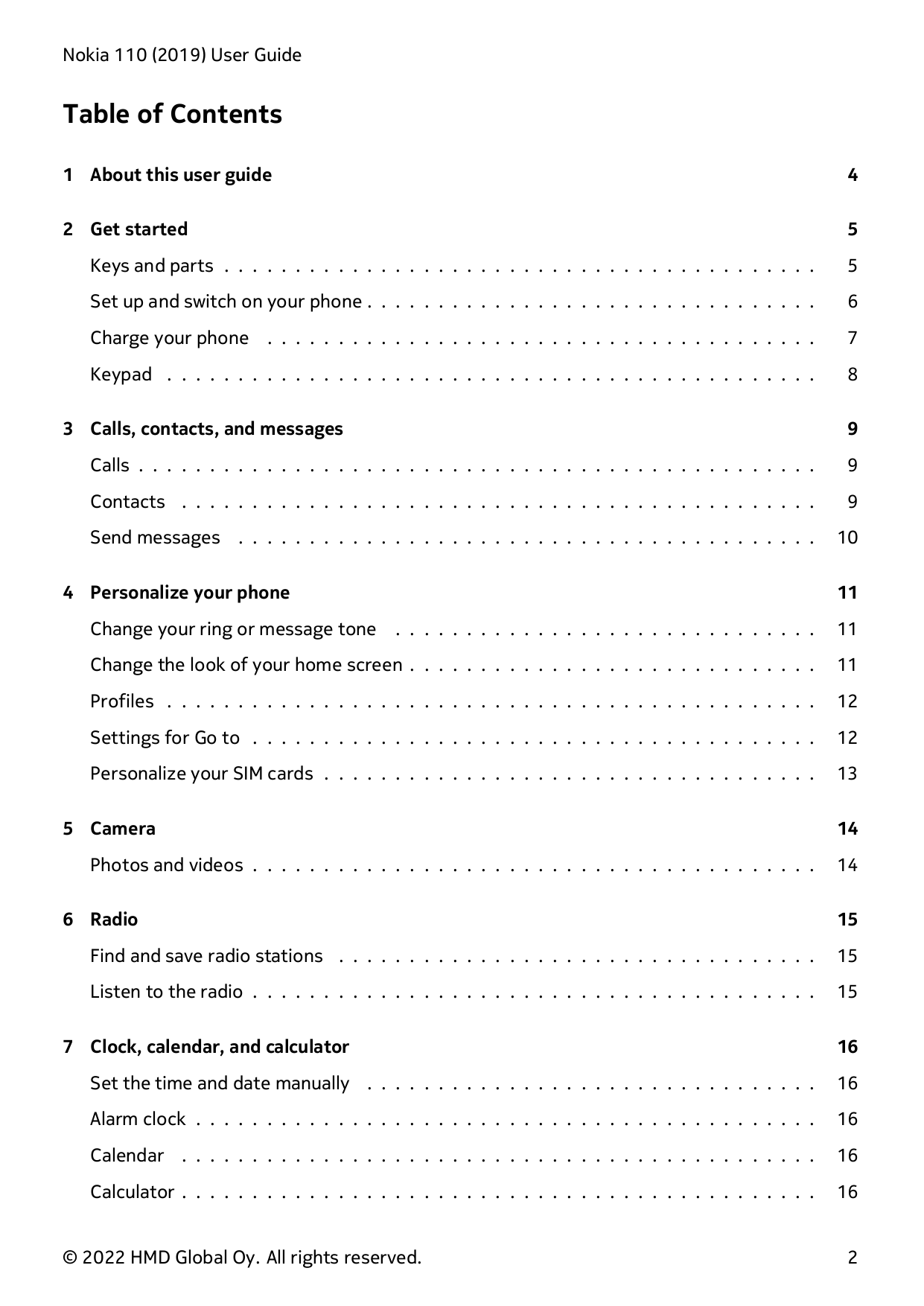 Nokia 110 (2019) User GuideTable of Contents1 About this user guide42 Get started5Keys and parts . . . . . . . . . . . . . . . .