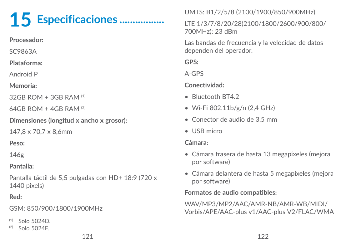 15Especificaciones..................Procesador:UMTS: B1/2/5/8 (2100/1900/850/900MHz)LTE 1/3/7/8/20/28(2100/1800/2600/900/800/700