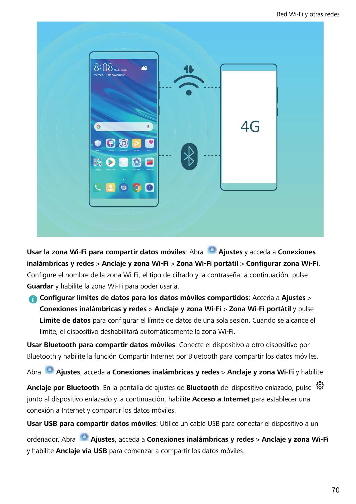Red Wi-Fi y otras redes-Usar la zona Wi-Fi para compartir datos móviles: AbraAjustes y acceda a Conexionesinalámbricas y redes >