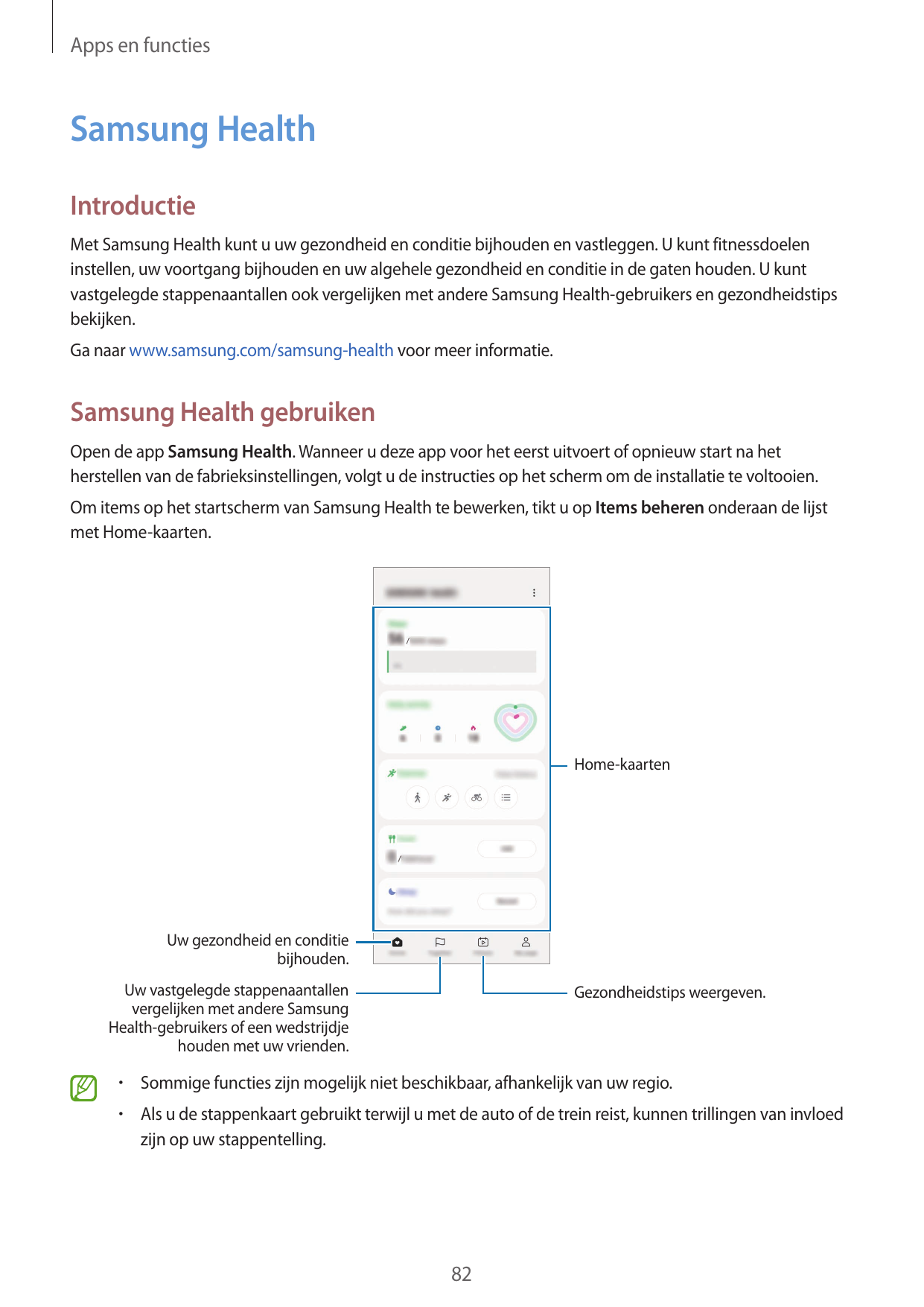 Apps en functiesSamsung HealthIntroductieMet Samsung Health kunt u uw gezondheid en conditie bijhouden en vastleggen. U kunt fit