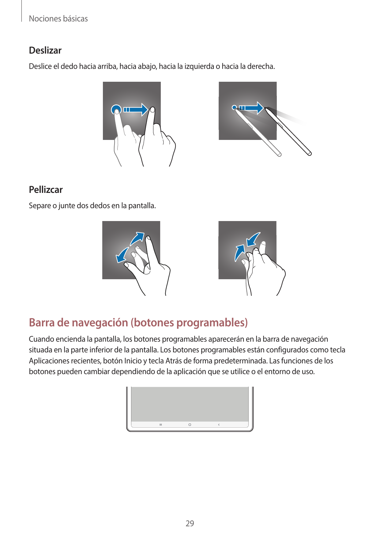 Nociones básicasDeslizarDeslice el dedo hacia arriba, hacia abajo, hacia la izquierda o hacia la derecha.PellizcarSepare o junte
