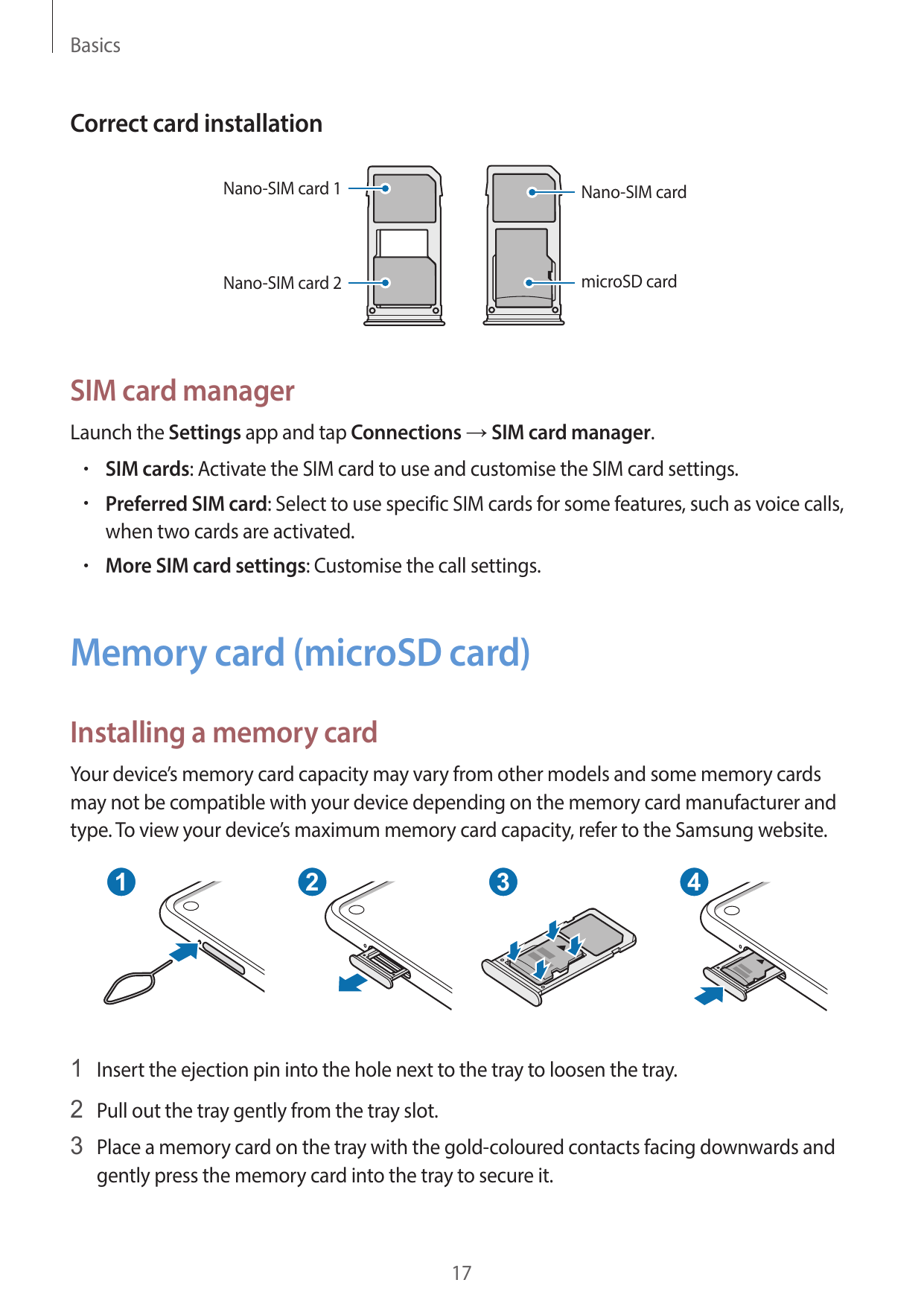 BasicsCorrect card installationNano-SIM card 1Nano-SIM cardNano-SIM card 2microSD cardSIM card managerLaunch the Settings app an