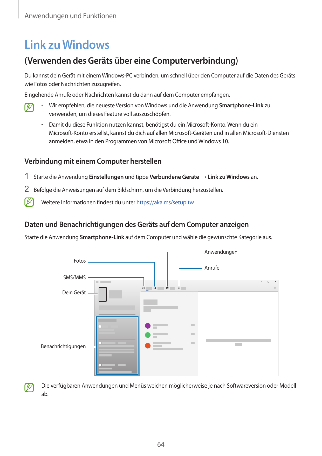 Anwendungen und FunktionenLink zu Windows(Verwenden des Geräts über eine Computerverbindung)Du kannst dein Gerät mit einem Windo