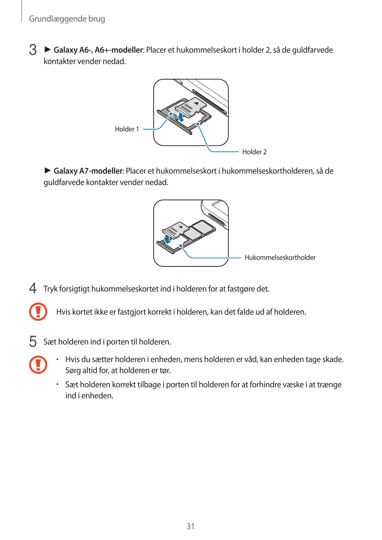 Grundlæggende brug3 ► Galaxy A6-, A6+-modeller: Placer et hukommelseskort i holder 2, så de guldfarvedekontakter vender nedad.Ho