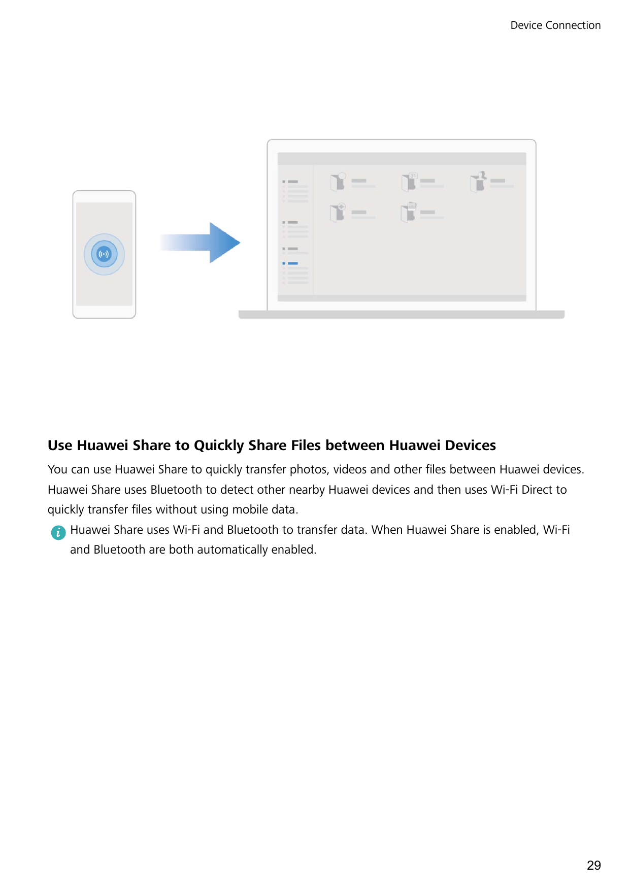 Device ConnectionUse Huawei Share to Quickly Share Files between Huawei DevicesYou can use Huawei Share to quickly transfer phot