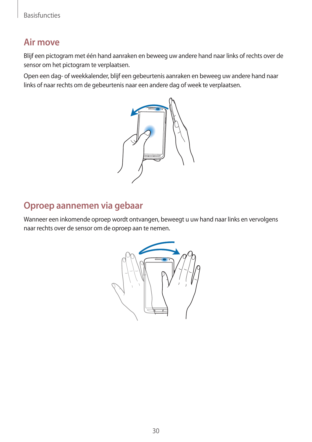 BasisfunctiesAir moveBlijf een pictogram met één hand aanraken en beweeg uw andere hand naar links of rechts over desensor om he
