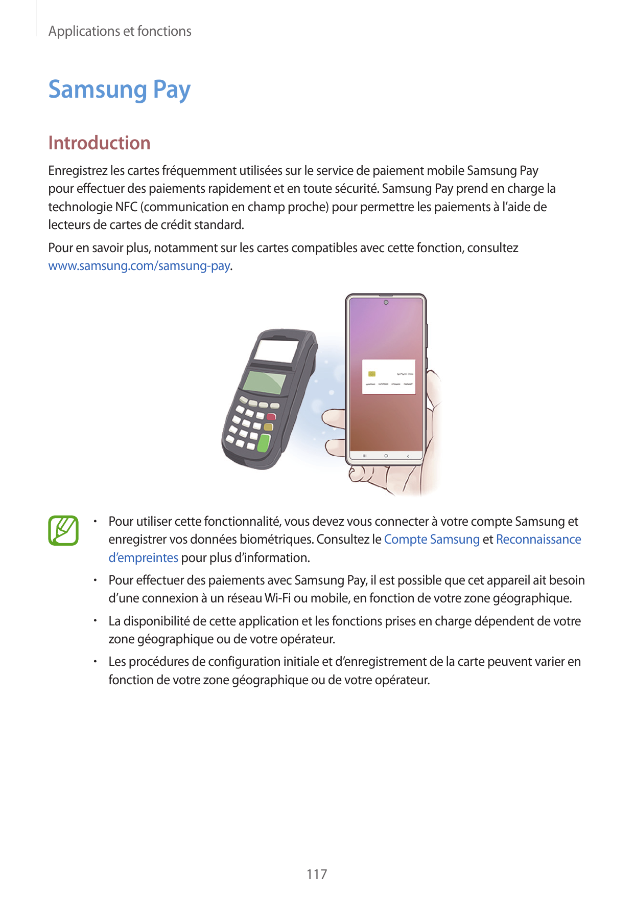 Applications et fonctionsSamsung PayIntroductionEnregistrez les cartes fréquemment utilisées sur le service de paiement mobile S