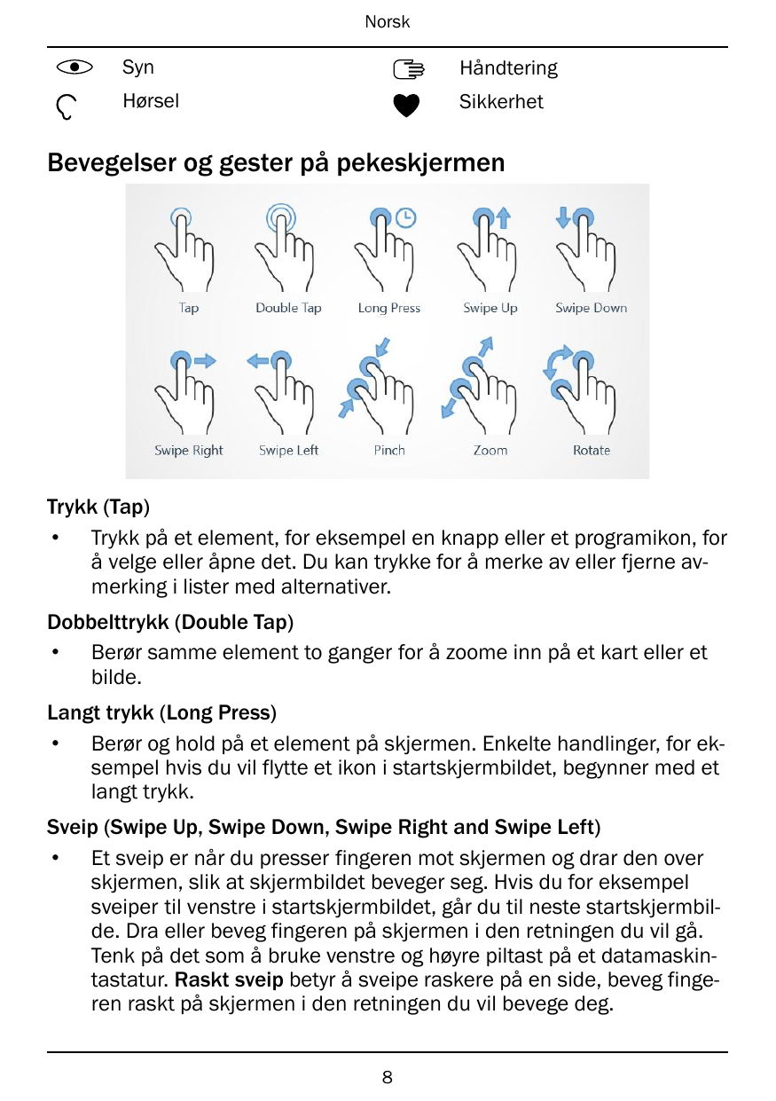 NorskSynHåndteringHørselSikkerhetBevegelser og gester på pekeskjermenTrykk (Tap)• Trykk på et element, for eksempel en knapp ell
