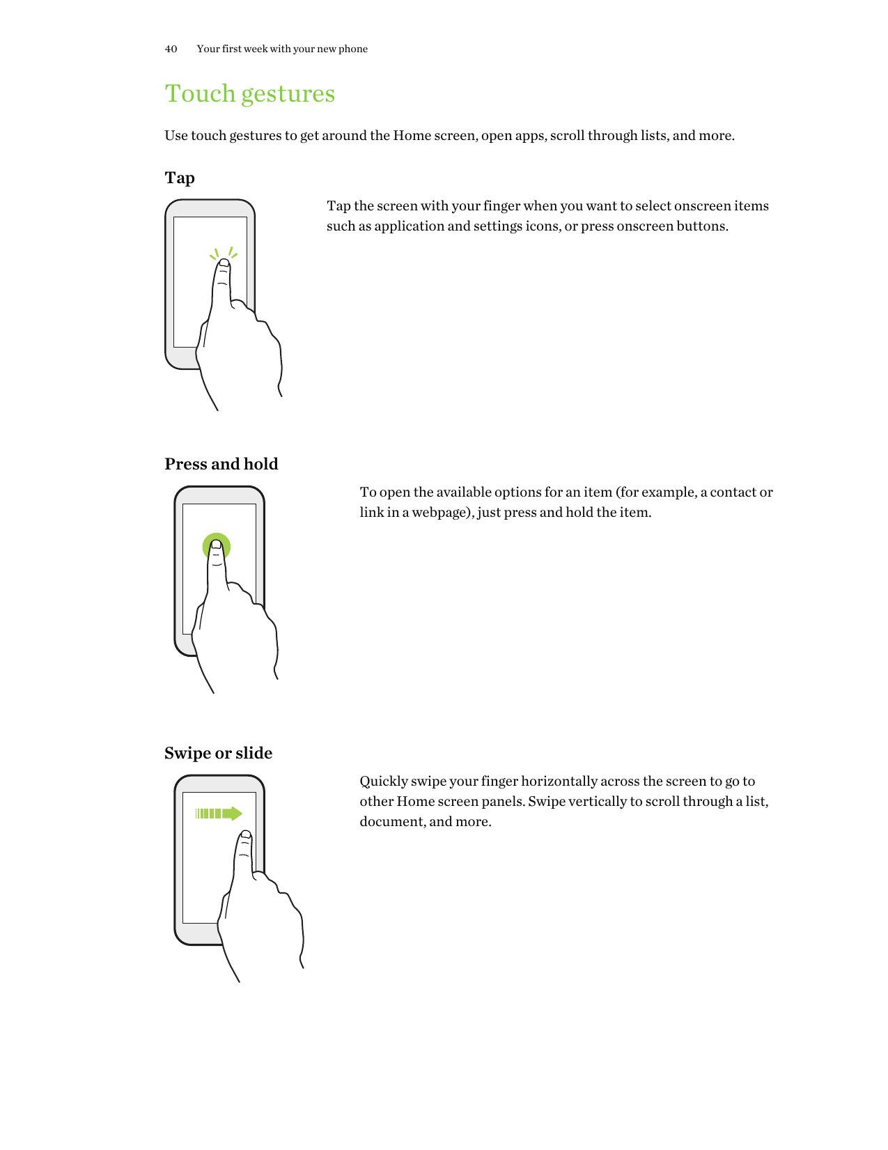 40Your first week with your new phoneTouch gesturesUse touch gestures to get around the Home screen, open apps, scroll through l