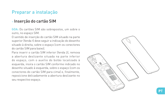 Preparar a instalação~ Inserção do cartão SIMGOA: Os cartões SIM são sobrepostos, um sobre ooutro, no espaço SIM.O sentido de in