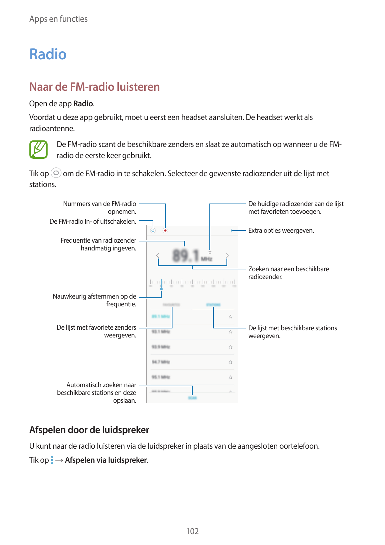 Apps en functiesRadioNaar de FM-radio luisterenOpen de app Radio.Voordat u deze app gebruikt, moet u eerst een headset aansluite