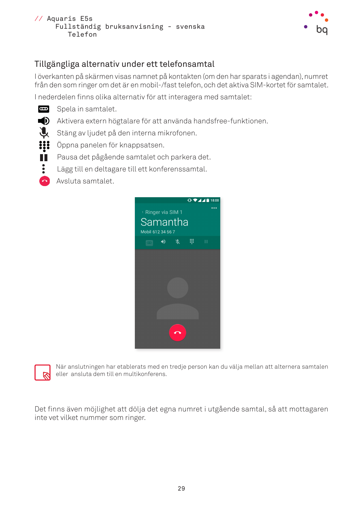 // Aquaris E5sFullständig bruksanvisning - svenskaTelefonTillgängliga alternativ under ett telefonsamtalI överkanten på skärmen 