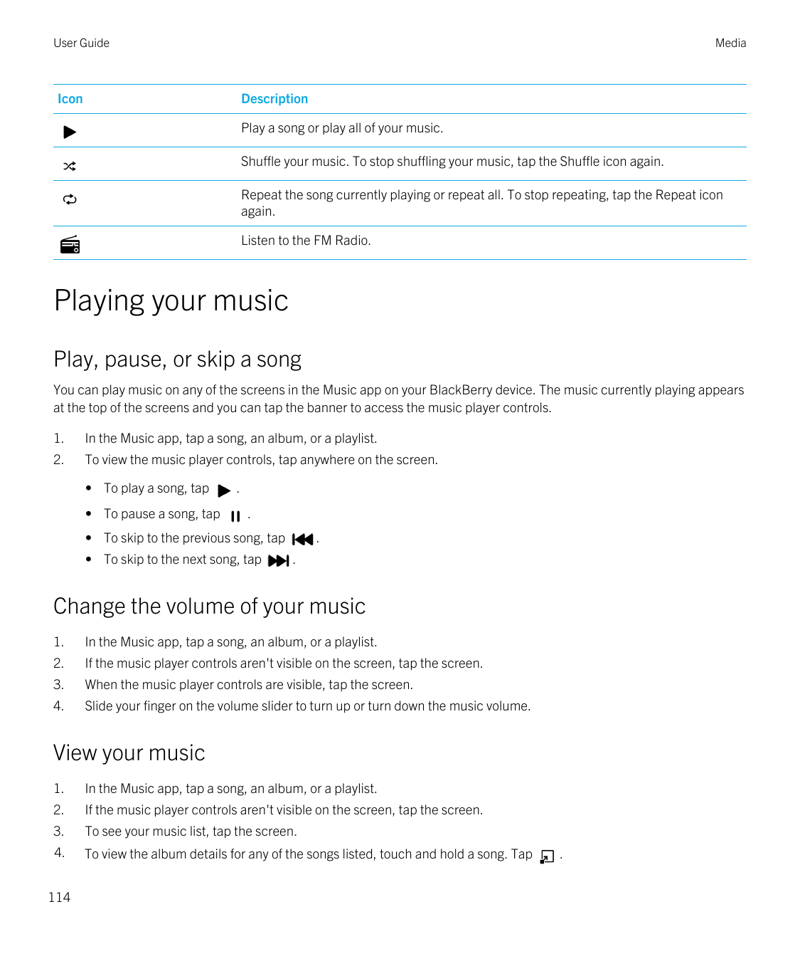 User GuideMediaIconDescriptionPlay a song or play all of your music.Shuffle your music. To stop shuffling your music, tap the Sh