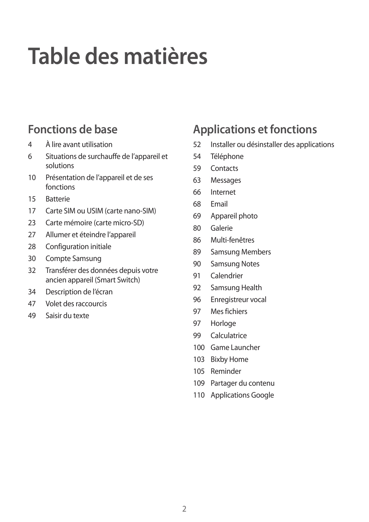 Table des matièresFonctions de baseApplications et fonctions4652 Installer ou désinstaller des applications54Téléphone59Contacts