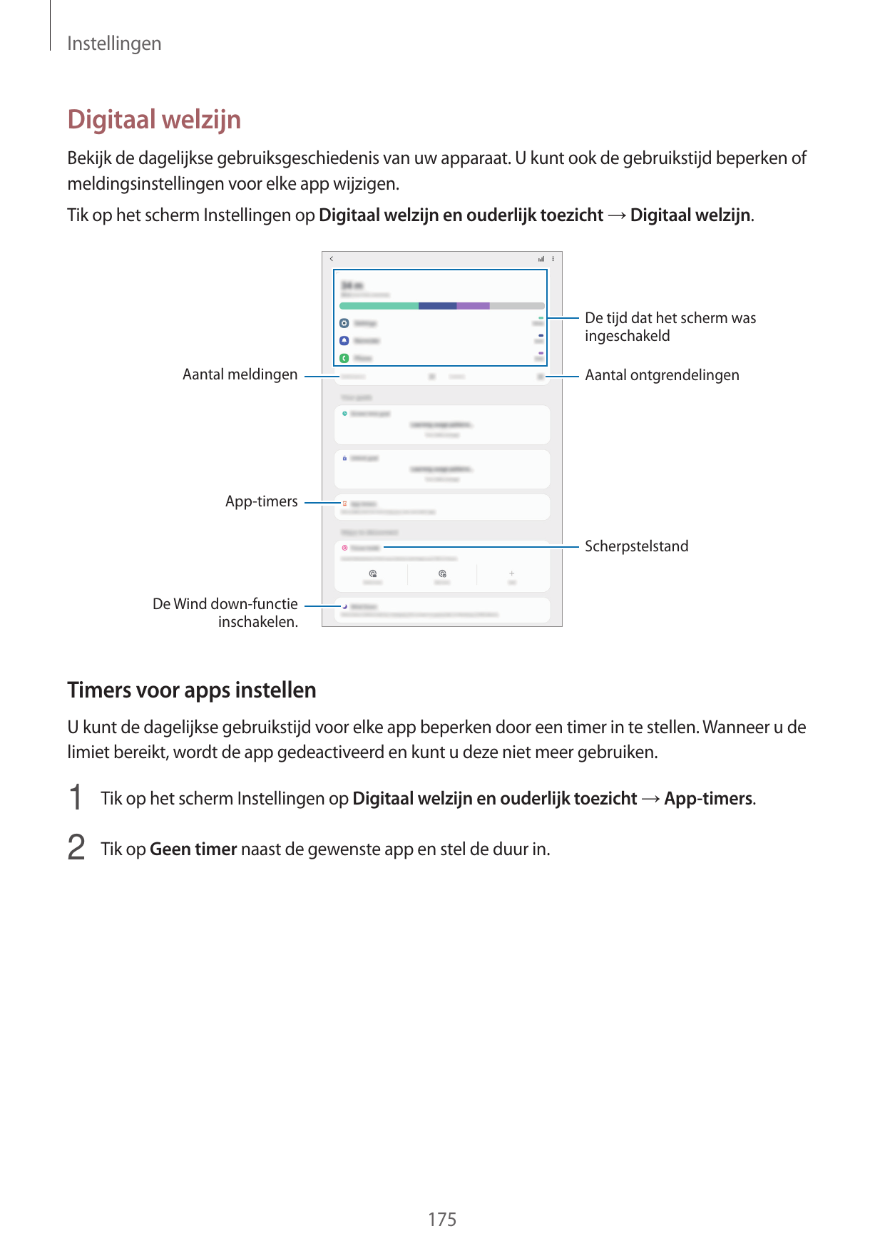 InstellingenDigitaal welzijnBekijk de dagelijkse gebruiksgeschiedenis van uw apparaat. U kunt ook de gebruikstijd beperken ofmel