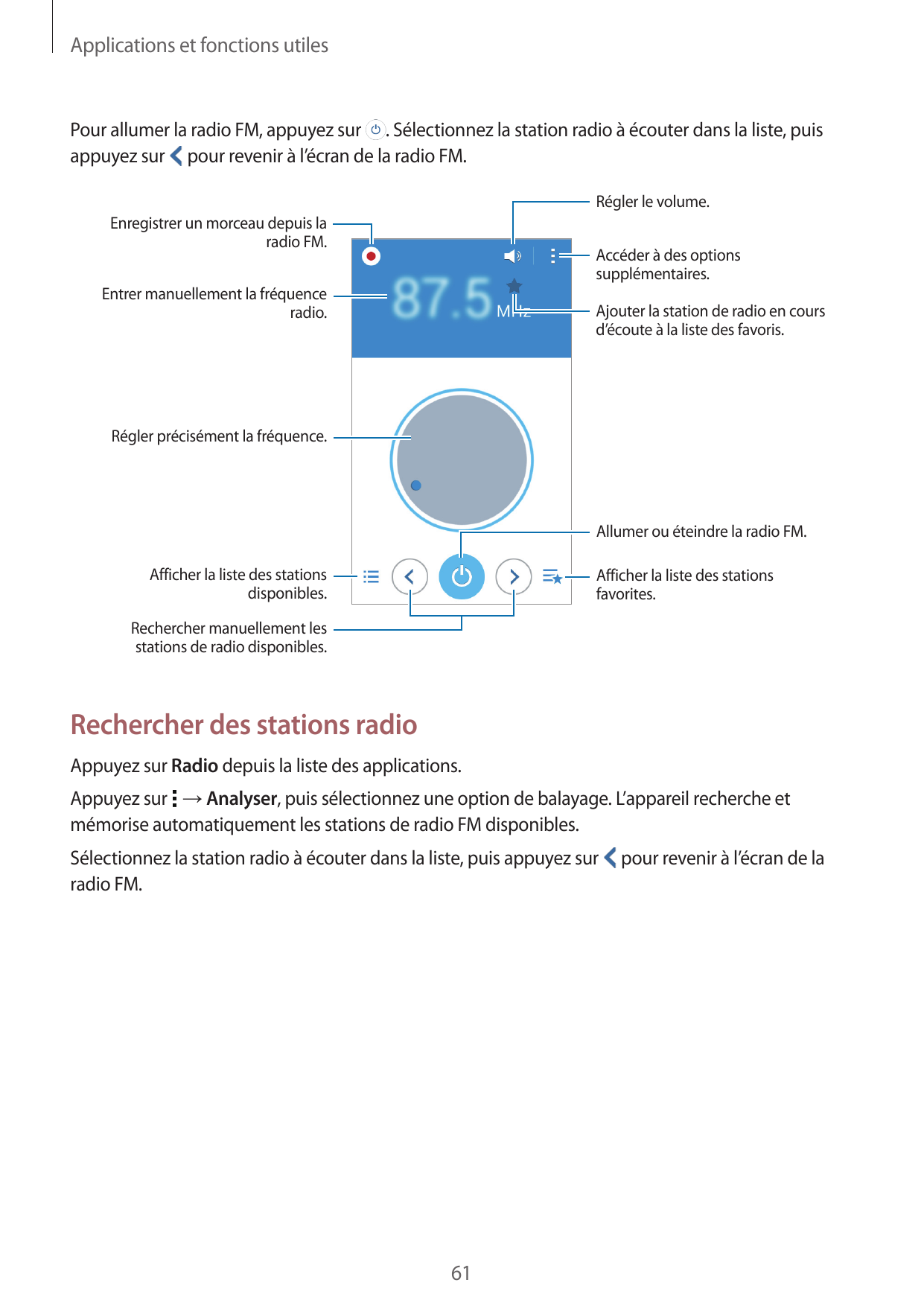 Applications et fonctions utilesPour allumer la radio FM, appuyez sur . Sélectionnez la station radio à écouter dans la liste, p