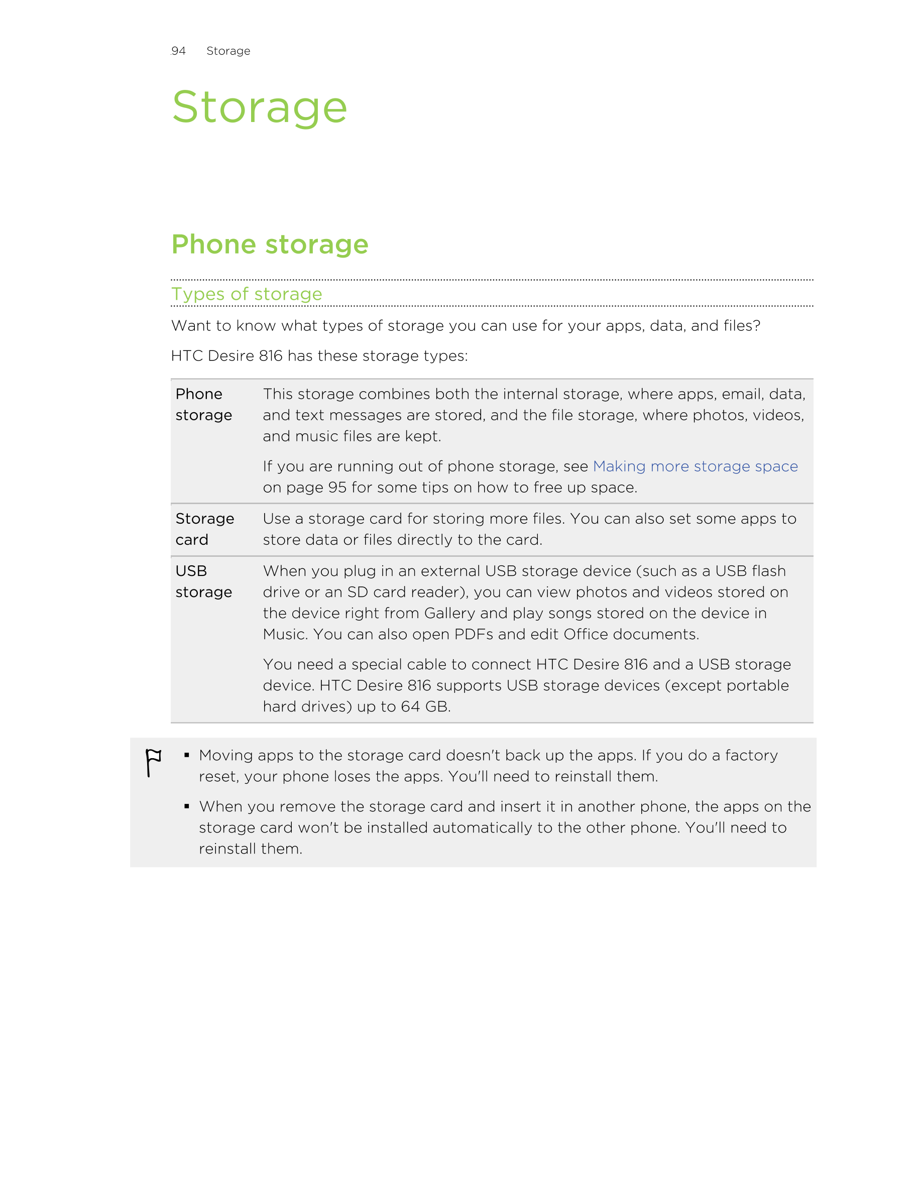 94      Storage
Storage
Phone storage
Types of storage
Want to know what types of storage you can use for your apps, data, and f
