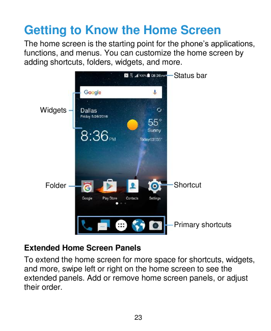 Getting to Know the Home ScreenThe home screen is the starting point for the phone‟s applications,functions, and menus. You can 
