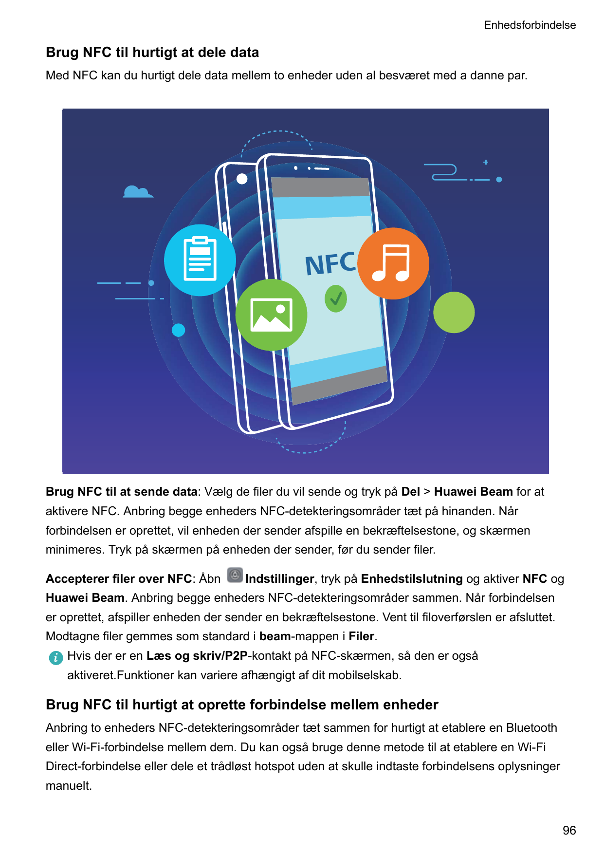 EnhedsforbindelseBrug NFC til hurtigt at dele dataMed NFC kan du hurtigt dele data mellem to enheder uden al besværet med a dann