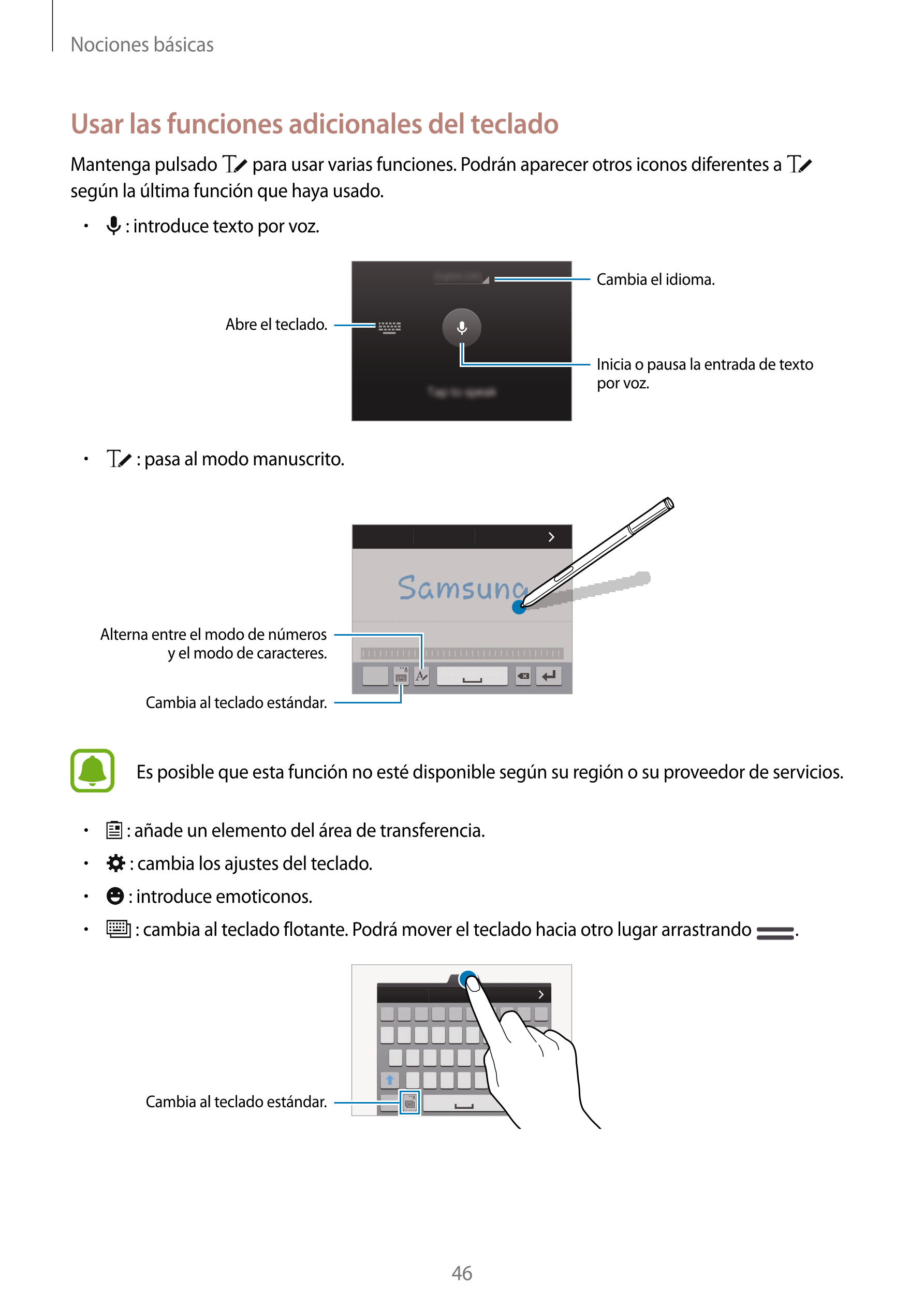 Nociones básicas
Usar las funciones adicionales del teclado
Mantenga pulsado   para usar varias funciones. Podrán aparecer otros