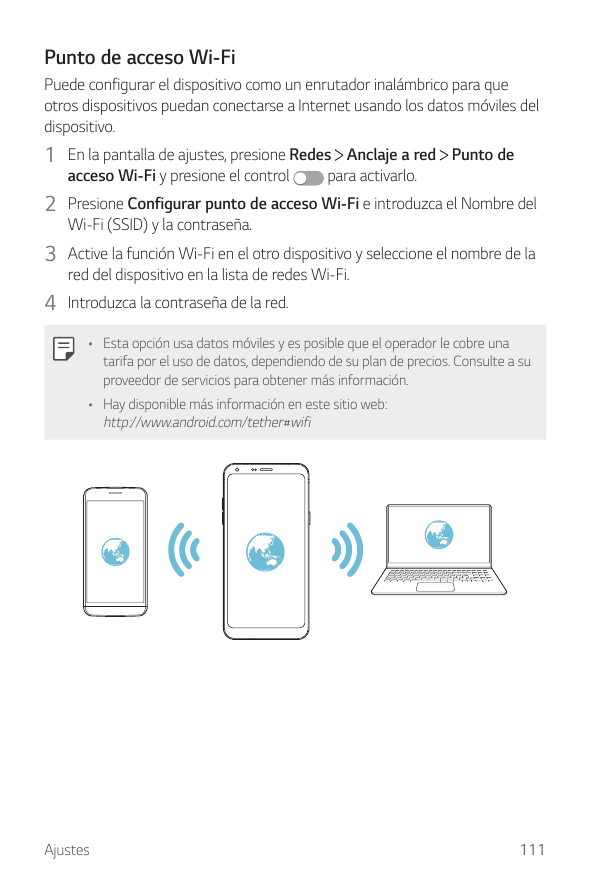Punto de acceso Wi-FiPuede configurar el dispositivo como un enrutador inalámbrico para queotros dispositivos puedan conectarse 