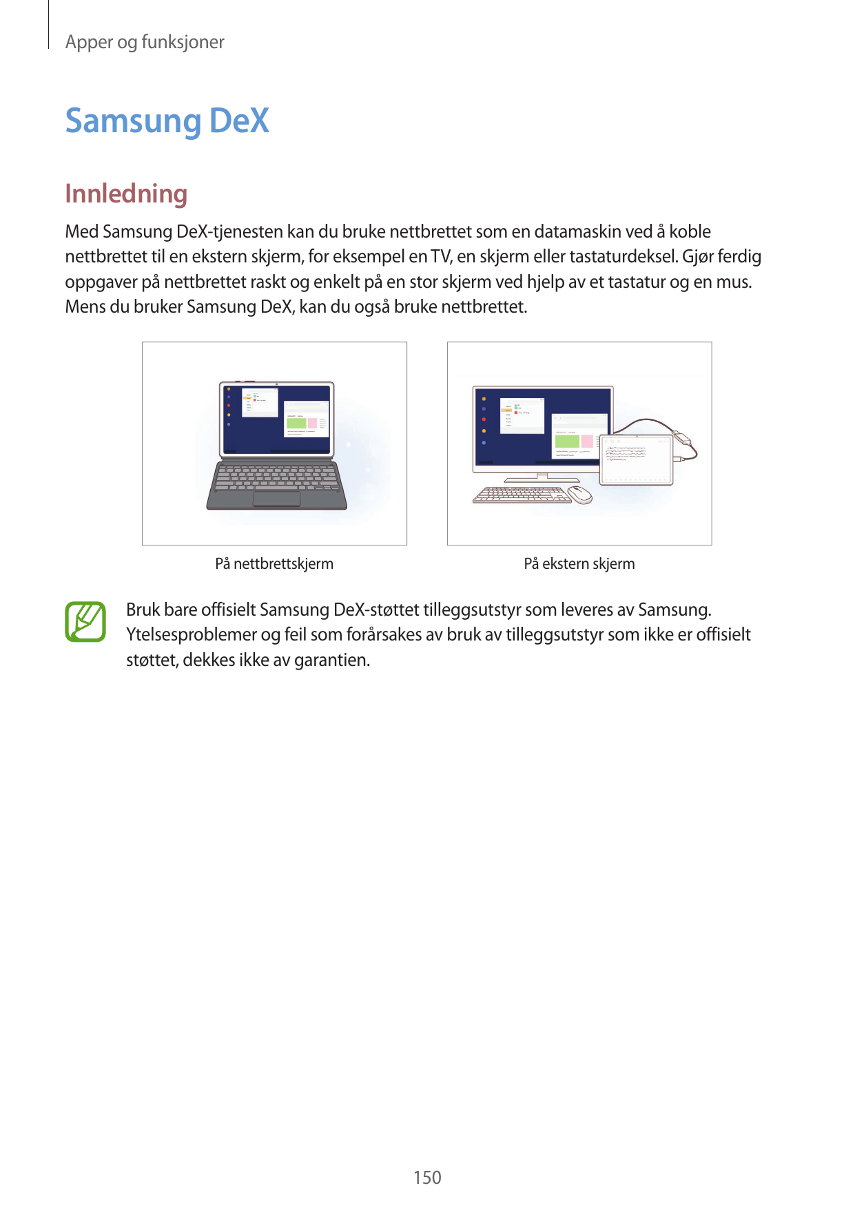 Apper og funksjonerSamsung DeXInnledningMed Samsung DeX-tjenesten kan du bruke nettbrettet som en datamaskin ved å koblenettbret