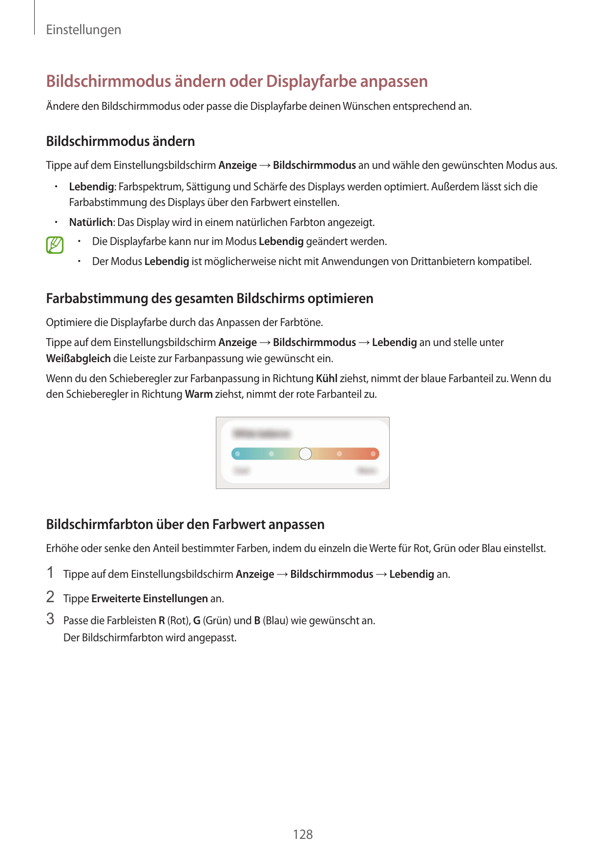 EinstellungenBildschirmmodus ändern oder Displayfarbe anpassenÄndere den Bildschirmmodus oder passe die Displayfarbe deinen Wüns