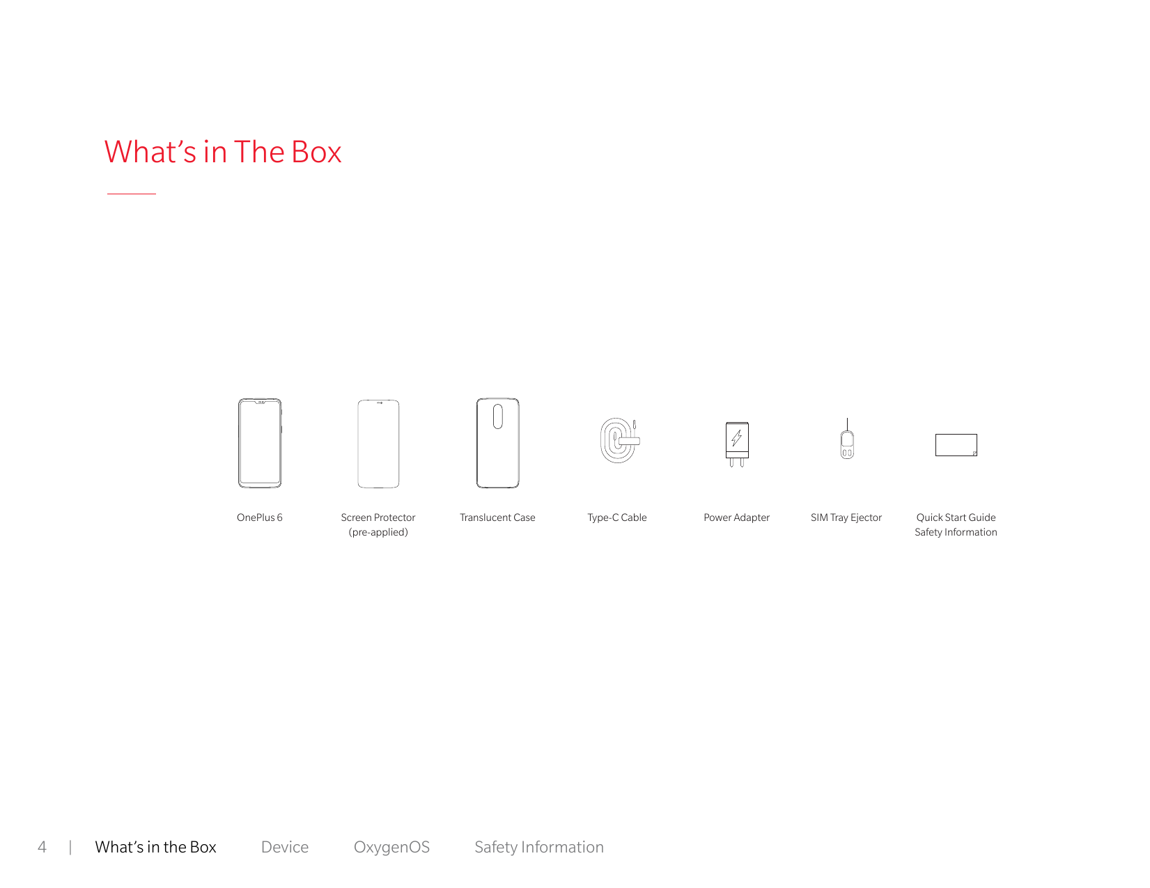 What’s in The BoxOnePlus 64|What’s in the BoxDeviceScreen Protector(pre-applied)OxygenOSTranslucent CaseType-C CableSafety Infor