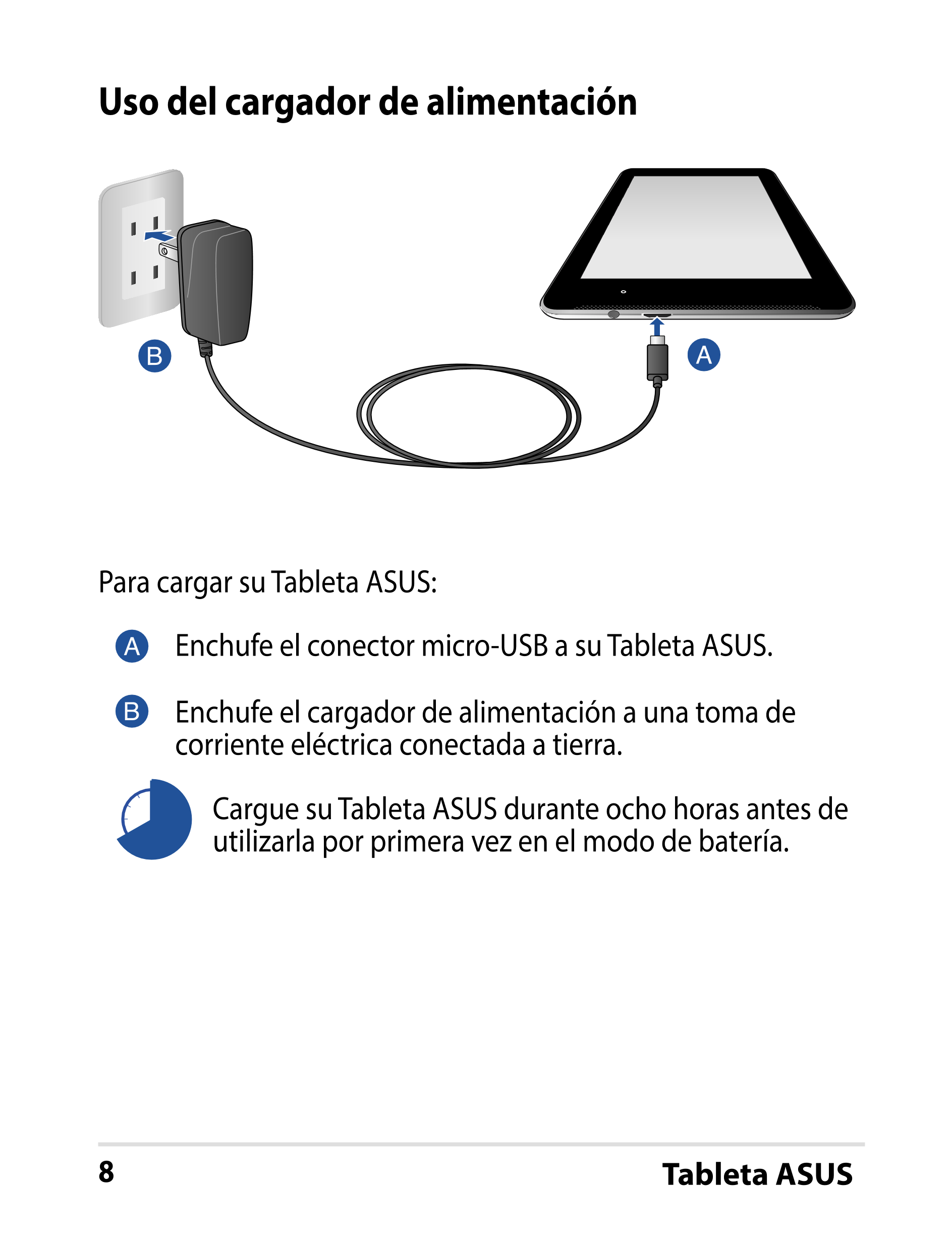 Uso del cargador de alimentación
Para cargar su Tableta ASUS:
Enchufe el conector micro-USB a su Tableta ASUS.
Enchufe el cargad