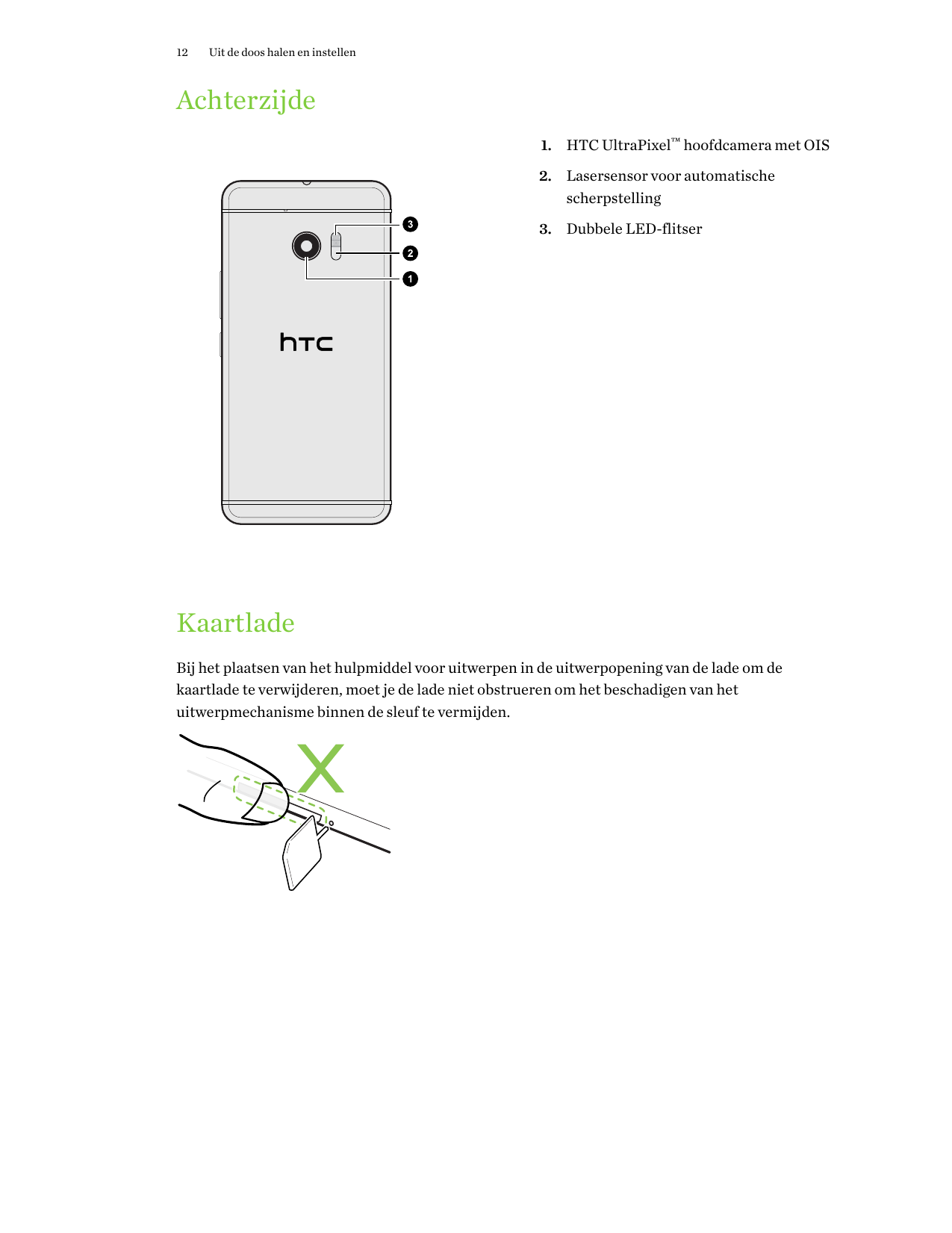 12Uit de doos halen en instellenAchterzijde1. HTC UltraPixel™ hoofdcamera met OIS2. Lasersensor voor automatischescherpstelling3